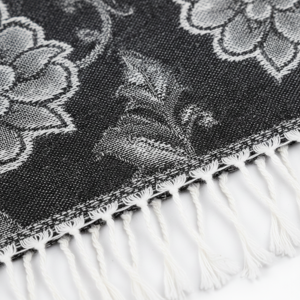 Close-up of black white silver paisley jacquard woven fabric texture with white fringe tassels detail