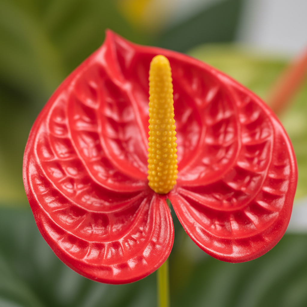 Close up detail of vivid red Anthurium bloom showing glossy finish, realistic texture, and yellow spadix