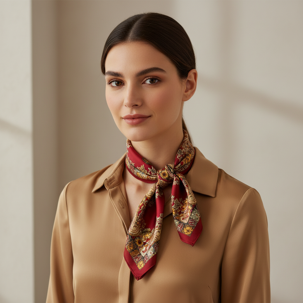 Woman wearing burgundy red gold paisley floral satin scarf tied as a classic neck scarf – elegant boho designer-inspired styling