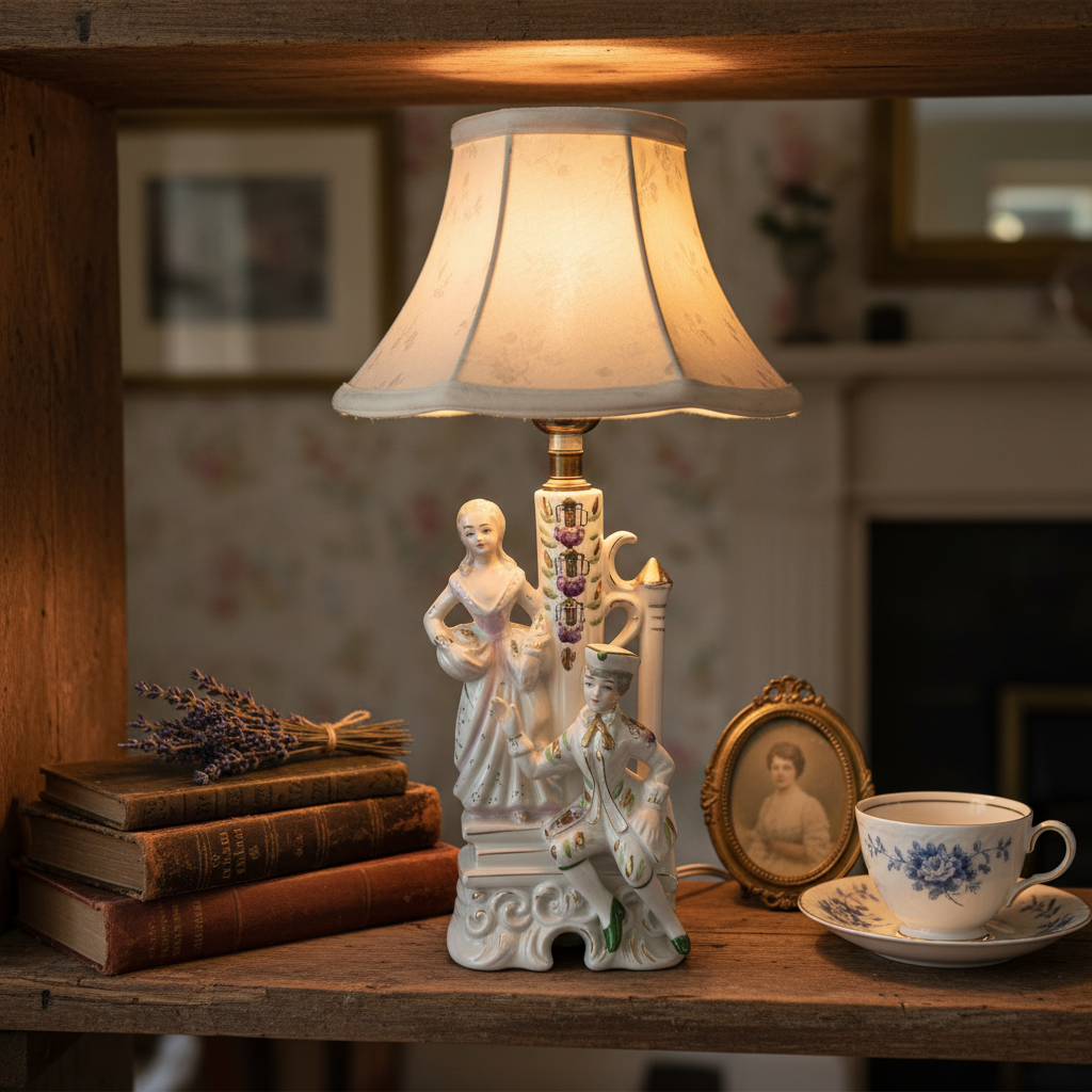 Mid-century Japan porcelain Victorian couple boudoir lamp with shade glowing on a cottage shelf with antique books, dried lavender, and vintage china