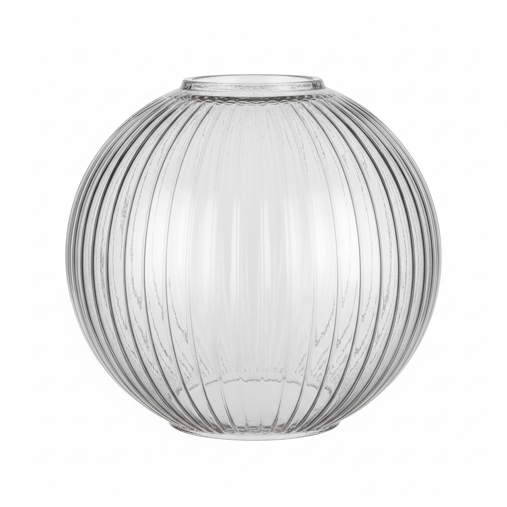 Clear ribbed glass globe light shade with vertical prismatic ridges, 5.5 inch diameter replacement for vintage and industrial fixtures