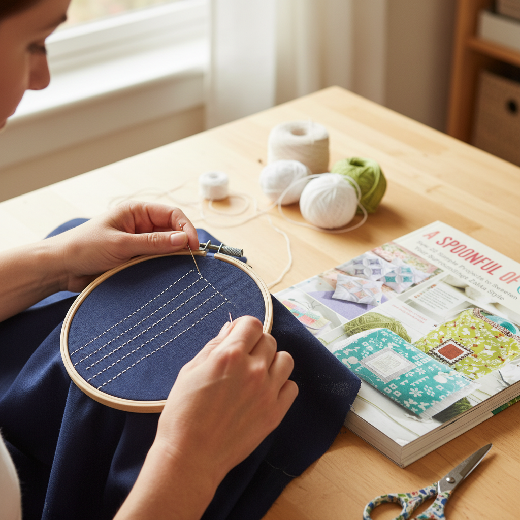 Close-up of hands working on sashiko embroidery project with A Spoonful Of Sugar book open showing instructions