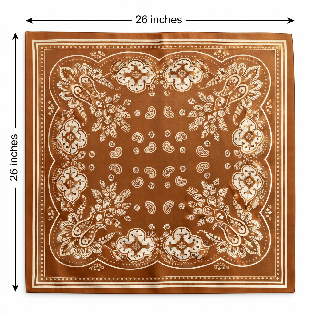 Caramel brown paisley wild rag scarf measurement diagram showing 26x26 inch square dimensions on white background