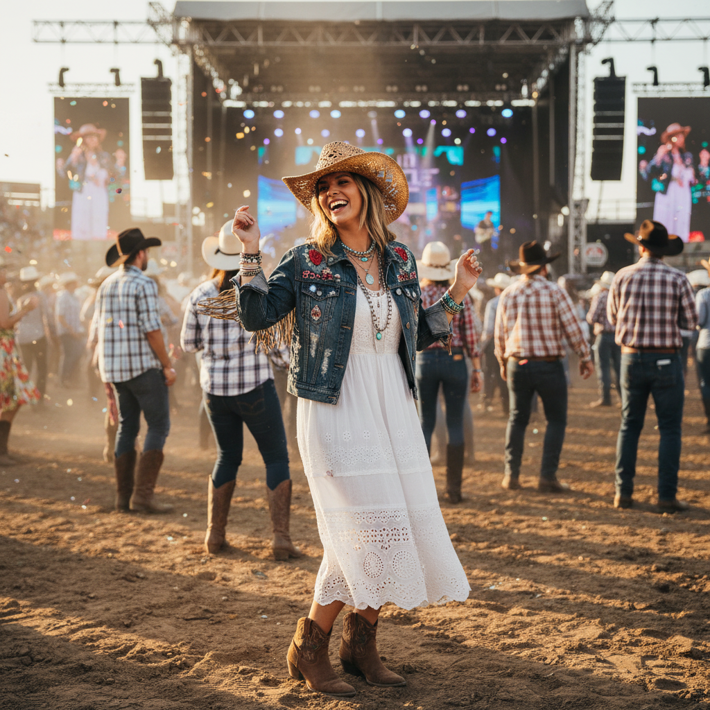 Woman wearing tan straw cowboy hat at country music festival, western boho styling with denim, outdoor rodeo atmosphere