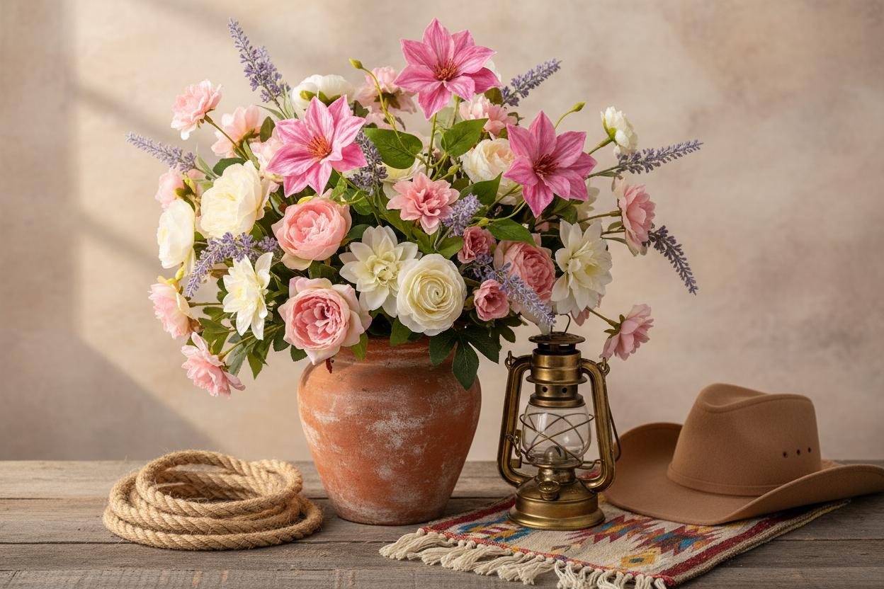 Soft pink clematis faux flower stem with three oversized blooms in a rustic terracotta vase with western wildflower styling, weathered wood surface, rope coil and vintage lantern accents