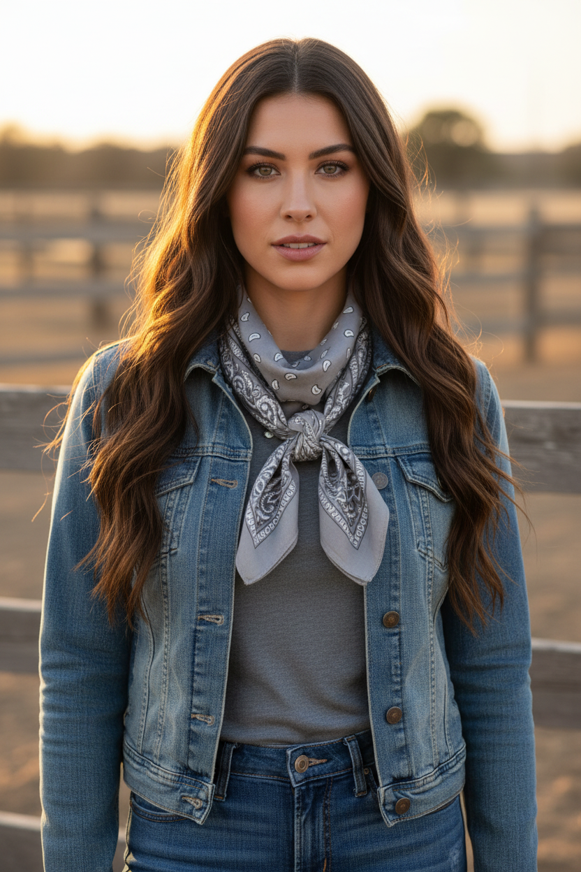 Cowgirl wearing gray silver paisley bandana tied as a wild rag at the neck, ranch setting