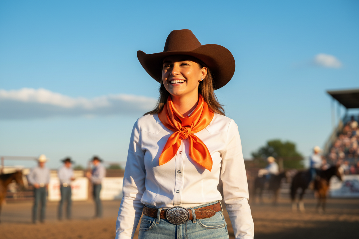 Orange wild rag worn at summer rodeo with blue sky, white western shirt and light denim