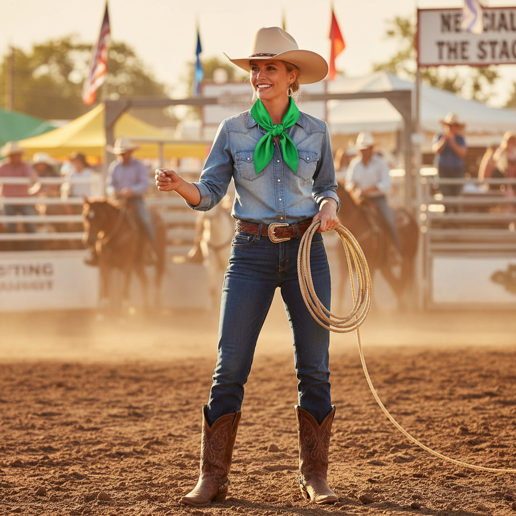 Kelly green wild rag scarf worn in traditional cowboy style at summer rodeo with western hat and boots
