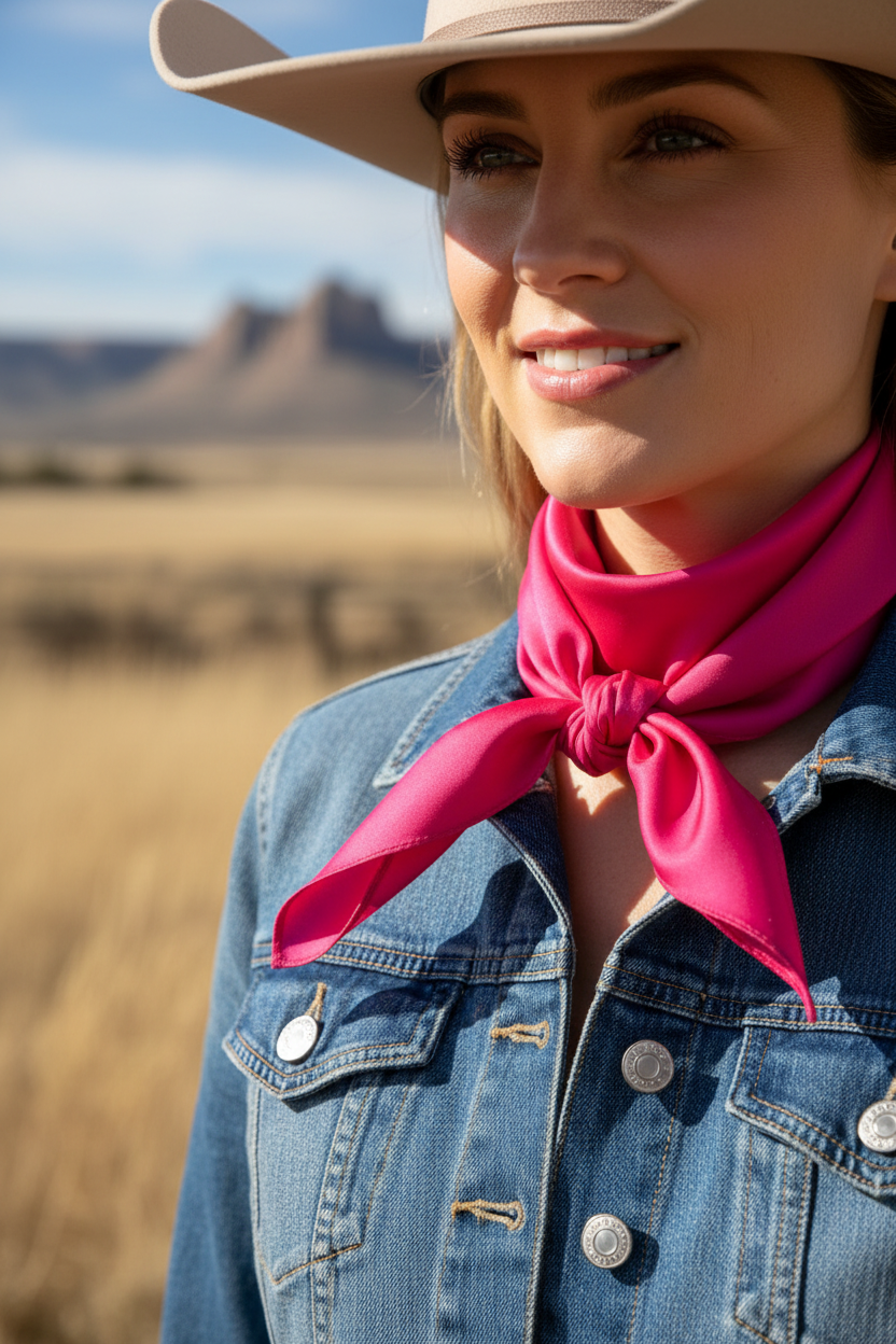Hot pink wild rag tied as cowboy neck scarf with denim jacket and western hat