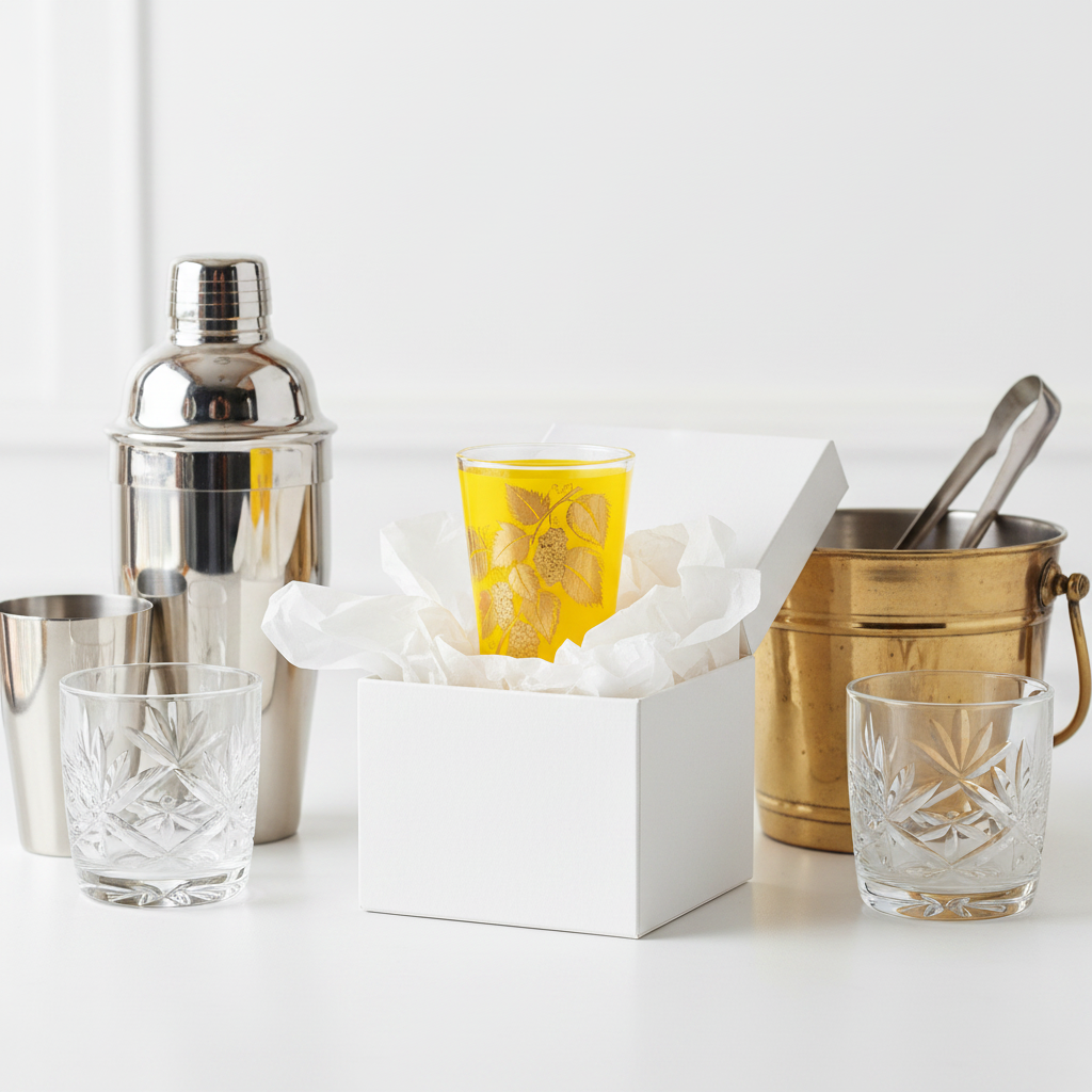 Vintage Libbey yellow grape leaf tumbler in gift box display with vintage barware collectibles, mid-century replacement glass gift