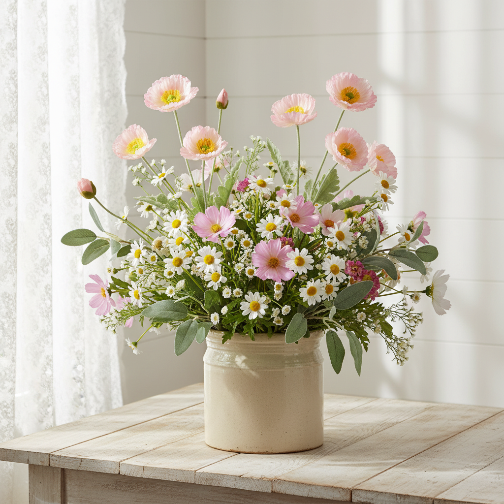 Faux blush pink poppy stems arranged in a vintage cream stoneware crock with chamomile daisies, cosmos, baby's breath, and sage green eucalyptus on a weathered wood table with white shiplap background