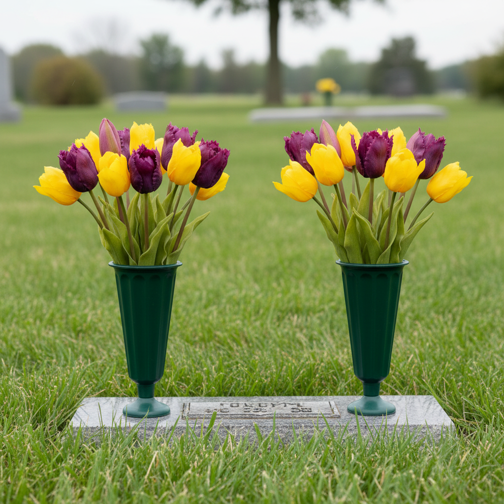 Set of 2 green cemetery flower vases with ground spikes holding plum purple and yellow artificial tulips at memorial gravesite