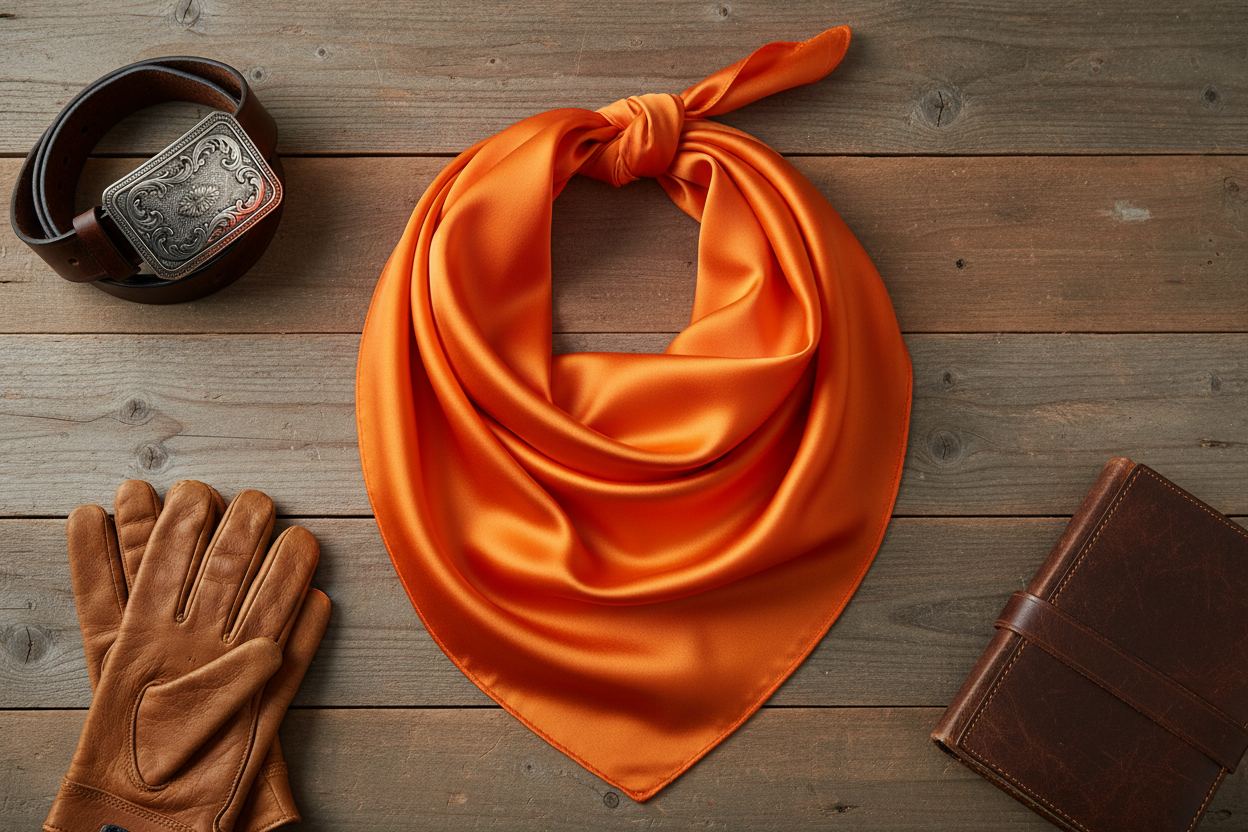Orange wild rag flat lay with leather belt, silver buckle, and brown leather accessories on barn wood
