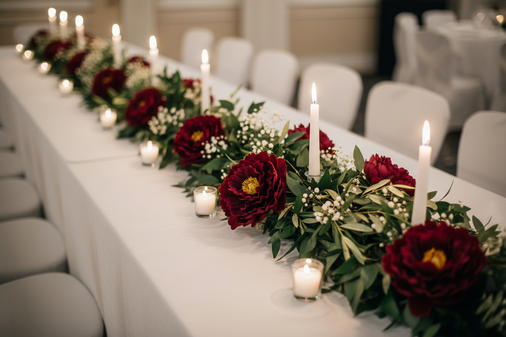 Burgundy red peony flower picks laid down the center of a white linen wedding reception table with candles and greenery, elegant wedding table runner styling