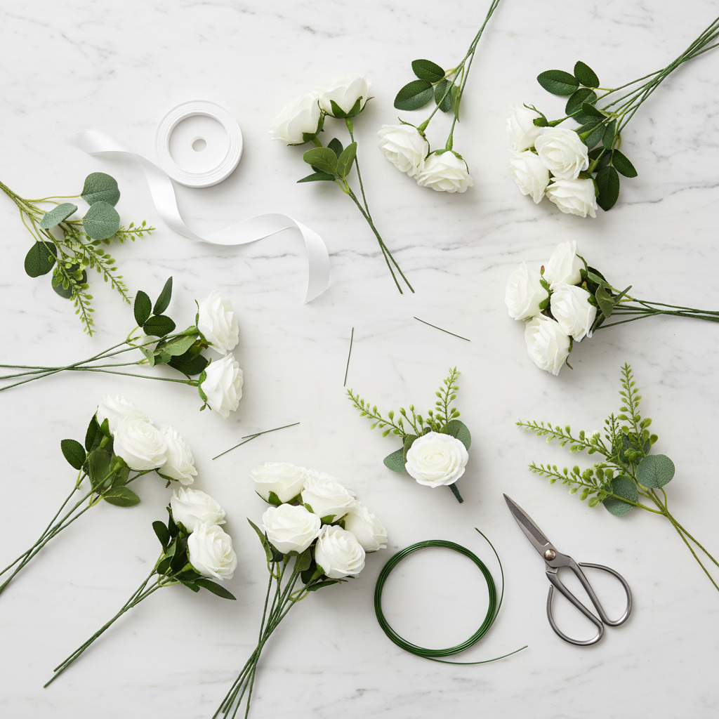 Overhead flat lay of white artificial foam roses with ribbon, floral wire, and scissors showing DIY wedding floral craft project in progress
