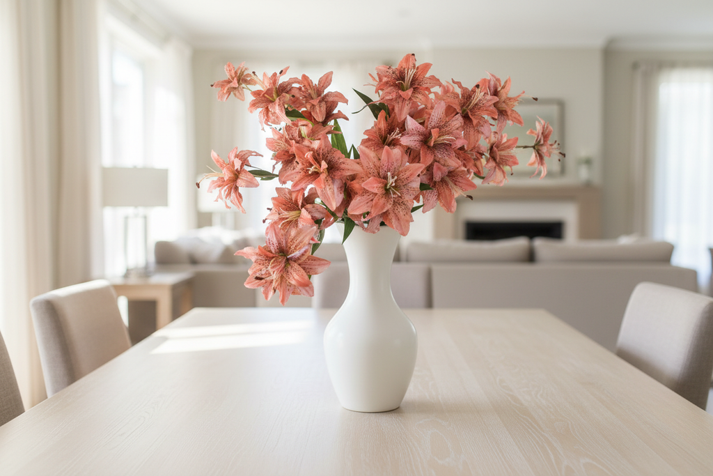 Tiger lily stems in elegant white ceramic vase on light wood dining table, romantic upscale home decor