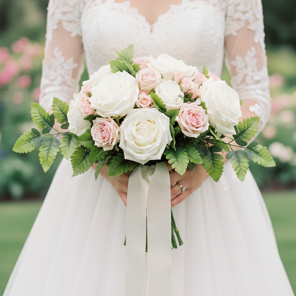 Bridal bouquet with artificial fern stem greenery accents and white and blush roses