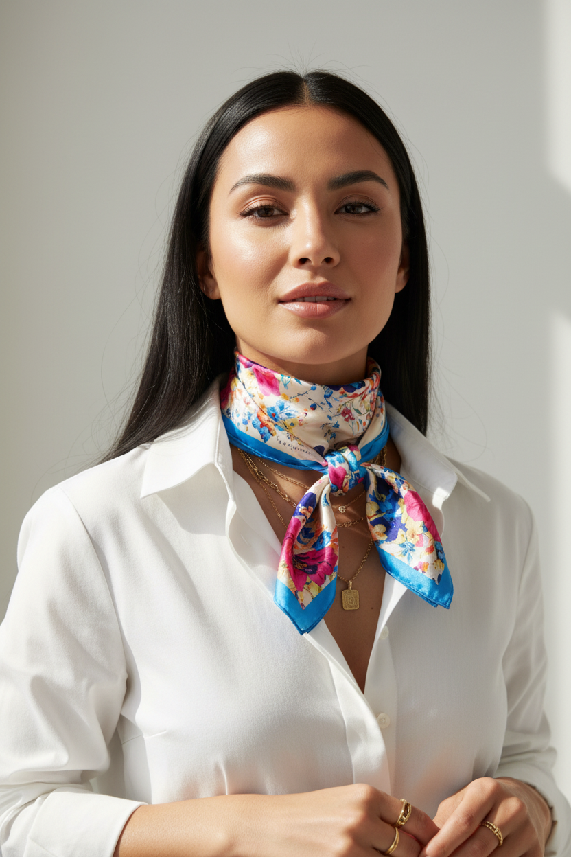 Woman with olive skin long black hair wearing blue floral butterfly satin square scarf as jewelry neck wrap no bow white button-down shirt gold layered necklaces and rings 20x20