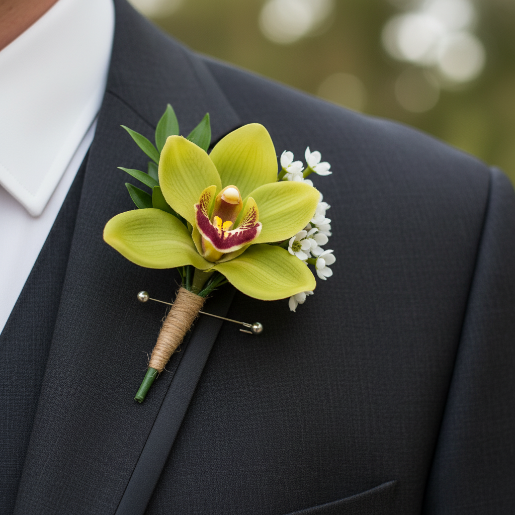 Single artificial green cymbidium orchid stem styled as boutonniere on groom's dark suit lapel