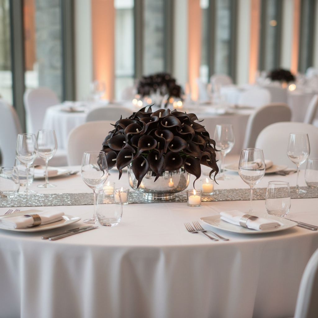 Black calla lily faux flowers wedding centerpiece on elegant table with white linens, sophisticated event decor