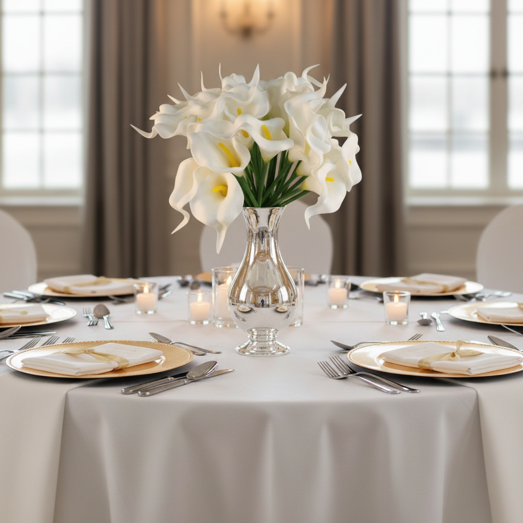 White faux calla lily stems in silver mercury glass vase on elegant event table with white linens and gold charger plates