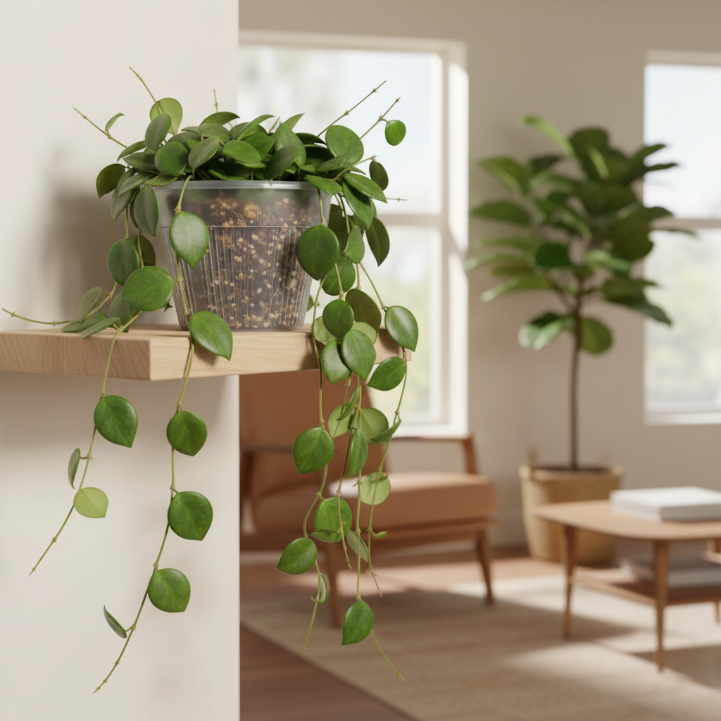 Clear 6 inch slotted orchid pot with open ventilation slits holding a trailing hoya plant on a wooden living room shelf