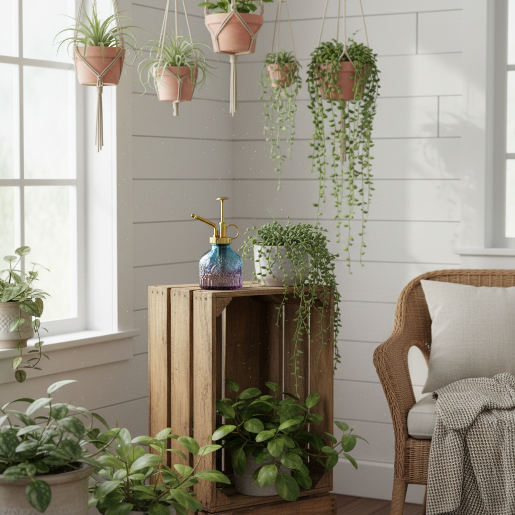 Blue purple gradient glass plant mister on vintage wooden crate with hanging air plants, tillandsia, and string of pearls in cottagecore sunroom