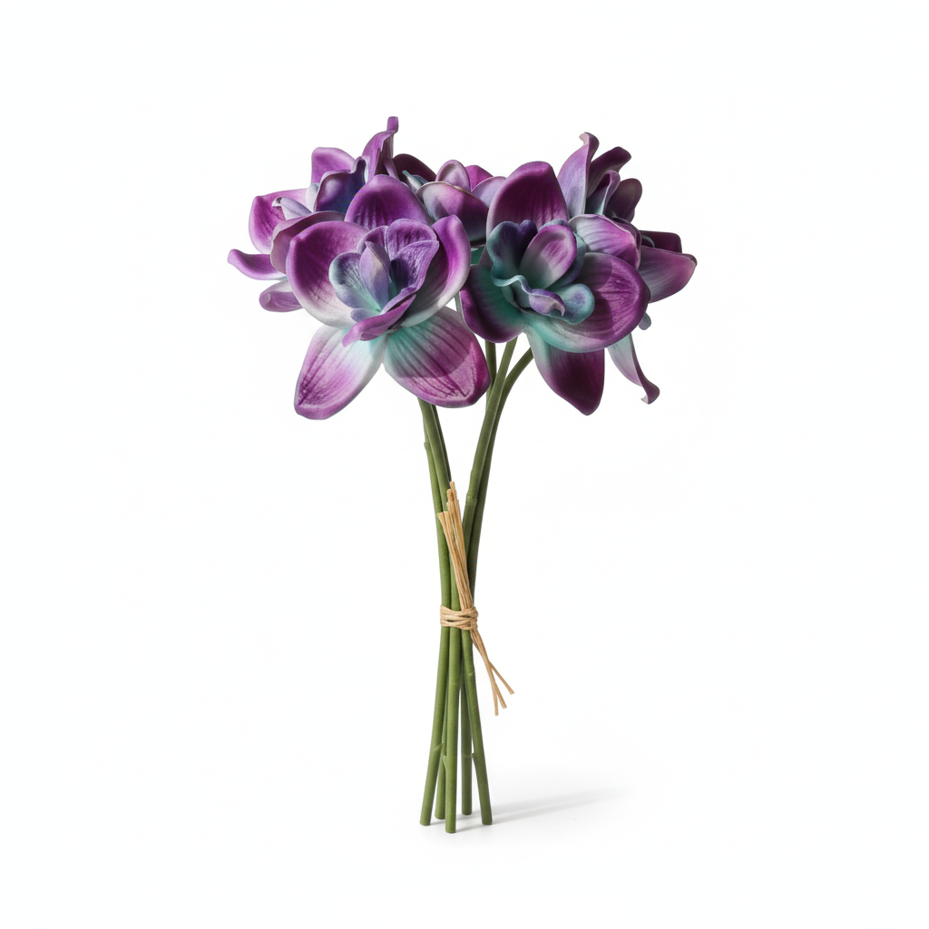 5 artificial purple and teal orchid stems bundled together on pure white background showing full bouquet