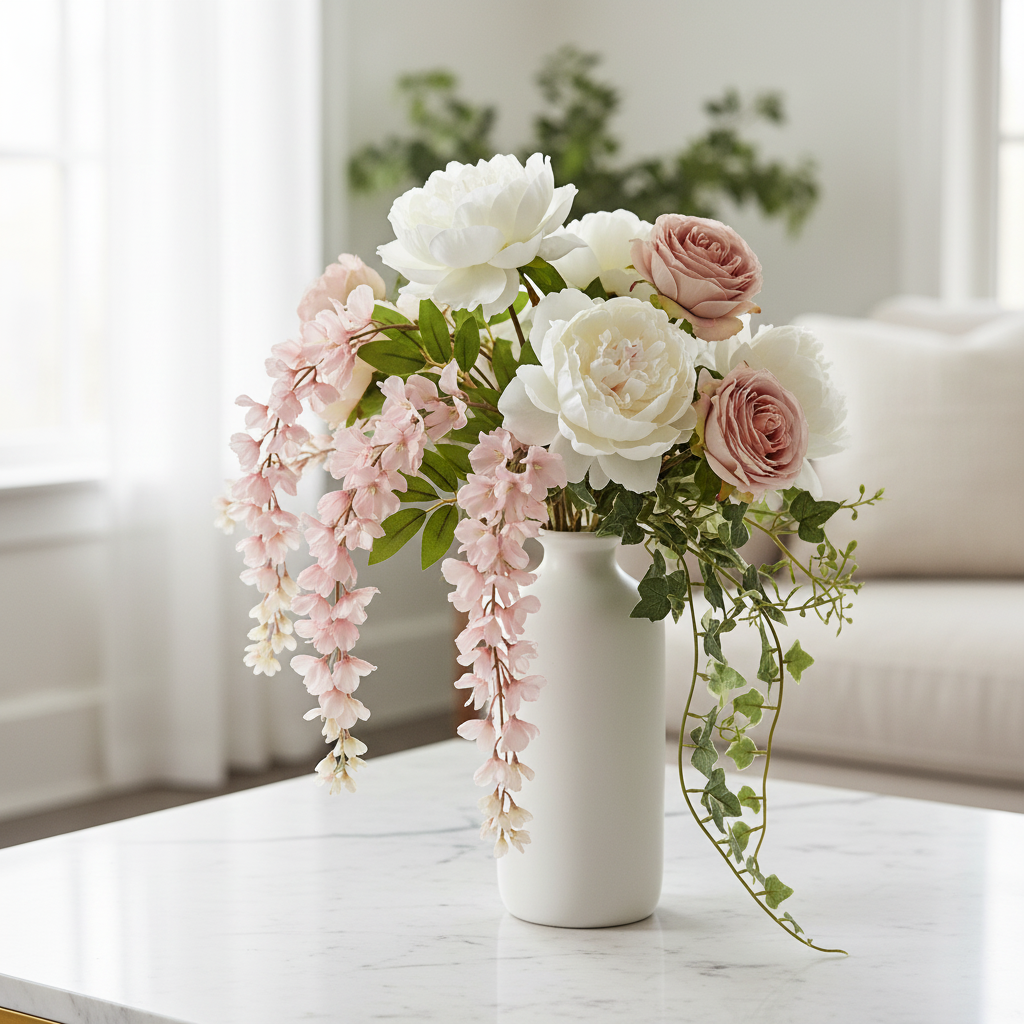 Artificial blush pink wisteria stem in a tall white vase with white peonies and blush garden roses on a marble table