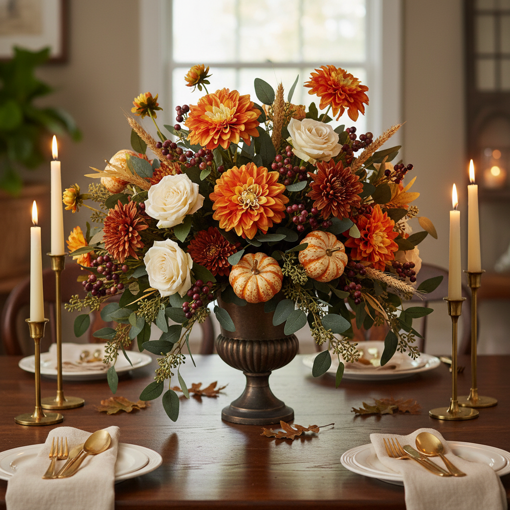 Thanksgiving table centerpiece with orange dahlia stems, mini pumpkins, dried wheat and candles in bronze urn on dark wood table