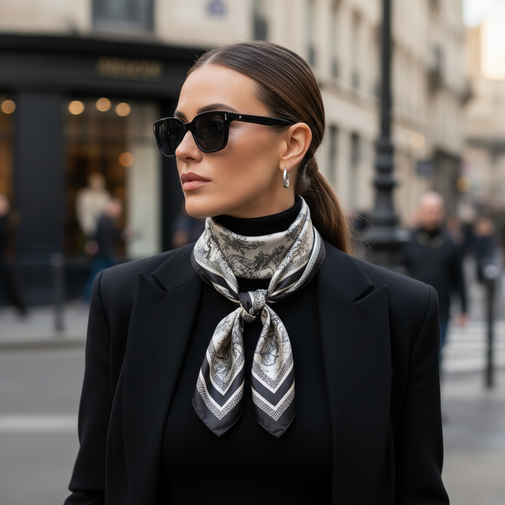 Stylish woman wearing black and white African jungle safari animal print satin scarf tied as neck scarf over black turtleneck city street style
