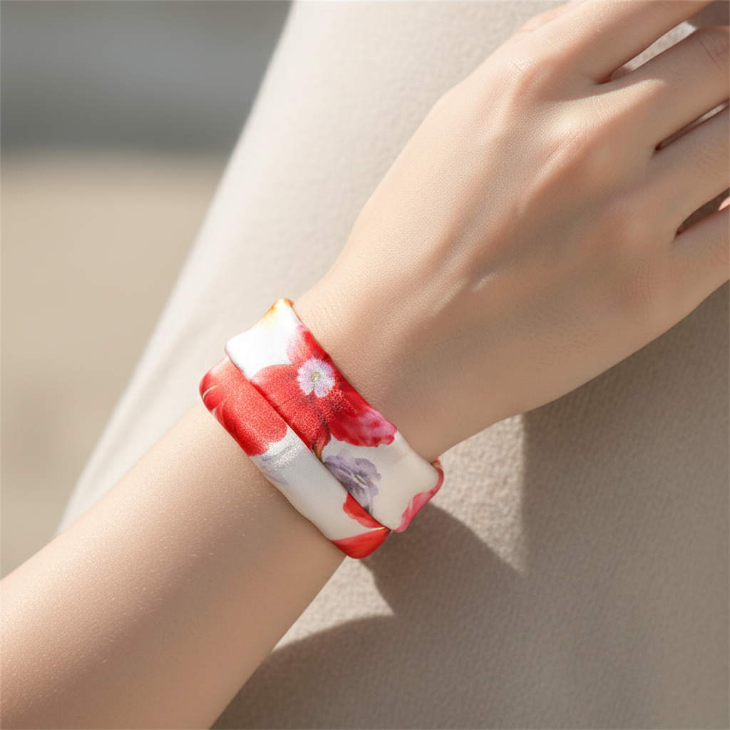 Red Watercolor Floral Satin Scarf Wrapped as Wrist Wrap Bracelet 20x20 Square Scarf