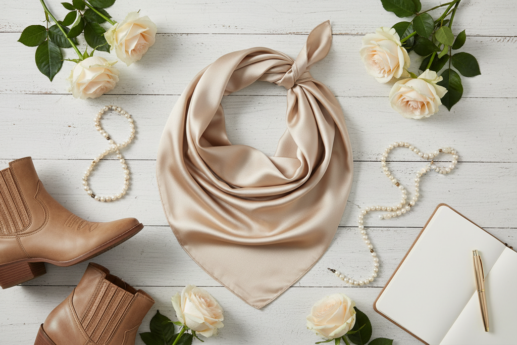 Champagne wild rag flat lay with cream roses, pearls, and tan leather boots on white wood