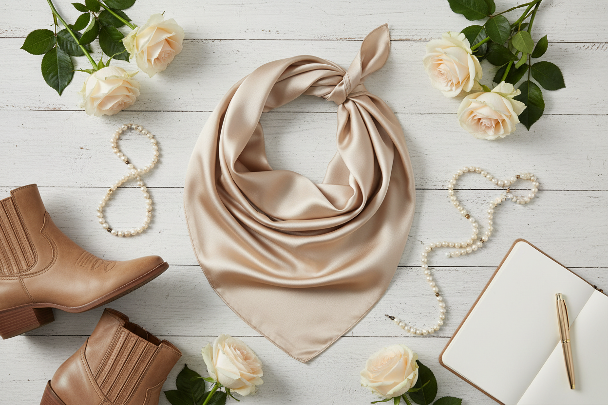 Champagne wild rag flat lay with cream roses, pearls, and tan leather boots on white wood