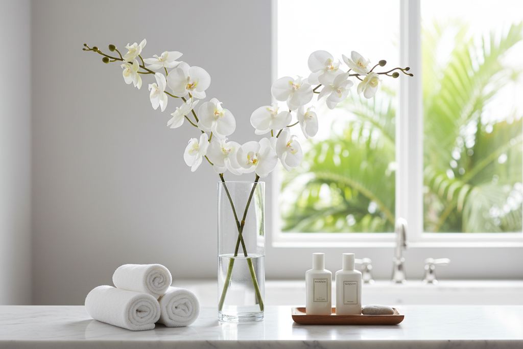 White orchid stems in clear glass vase on spa bathroom counter with white towels, serene tropical styling