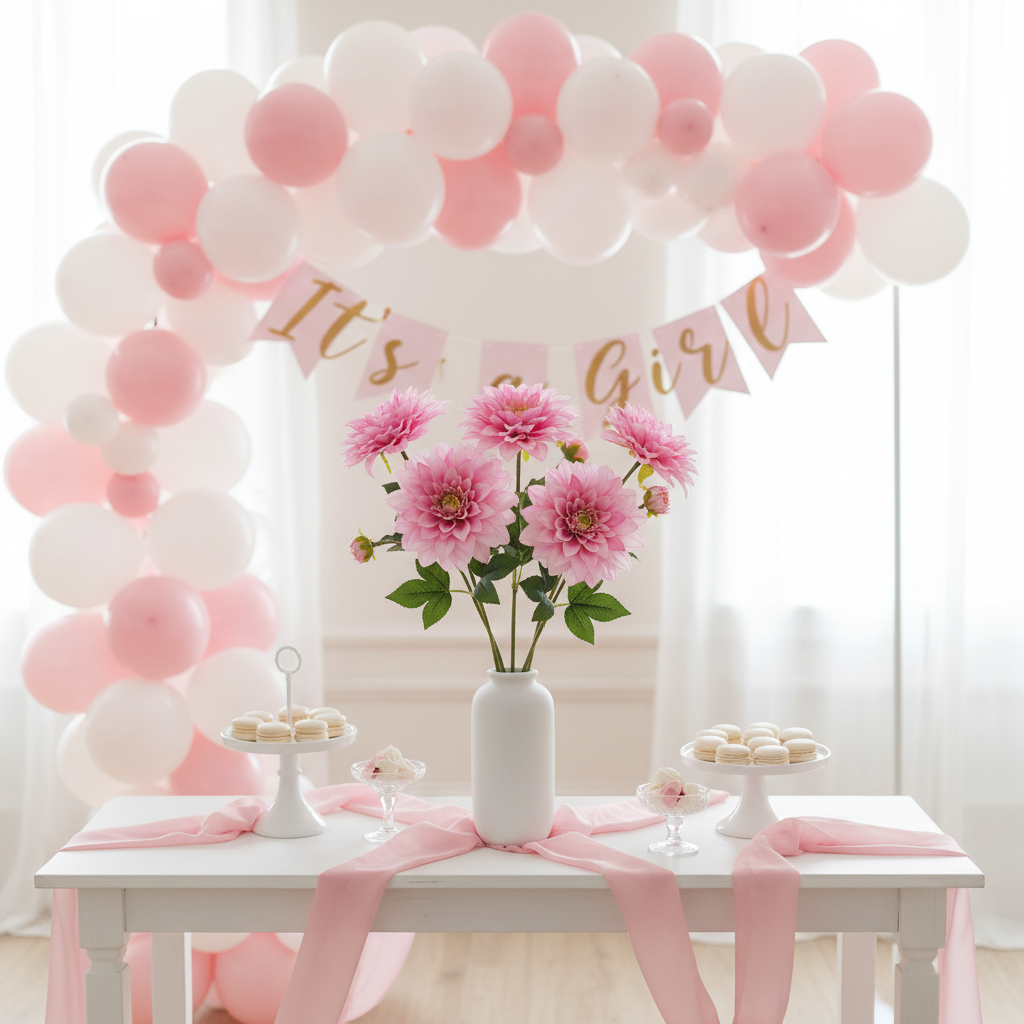 Baby shower table display with soft pink dahlia faux flower stems, pastel pink balloons, macarons and ribbon decor