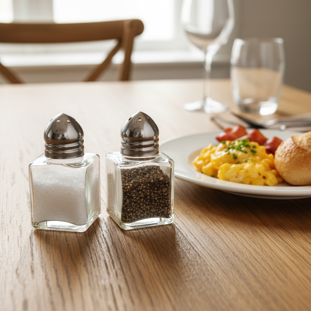Close-up of mini glass cube shakers with silver tops next to plate