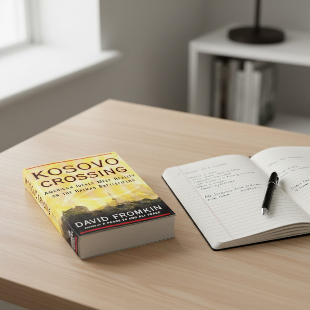 Kosovo Crossing book on table with notebook and pen for research study