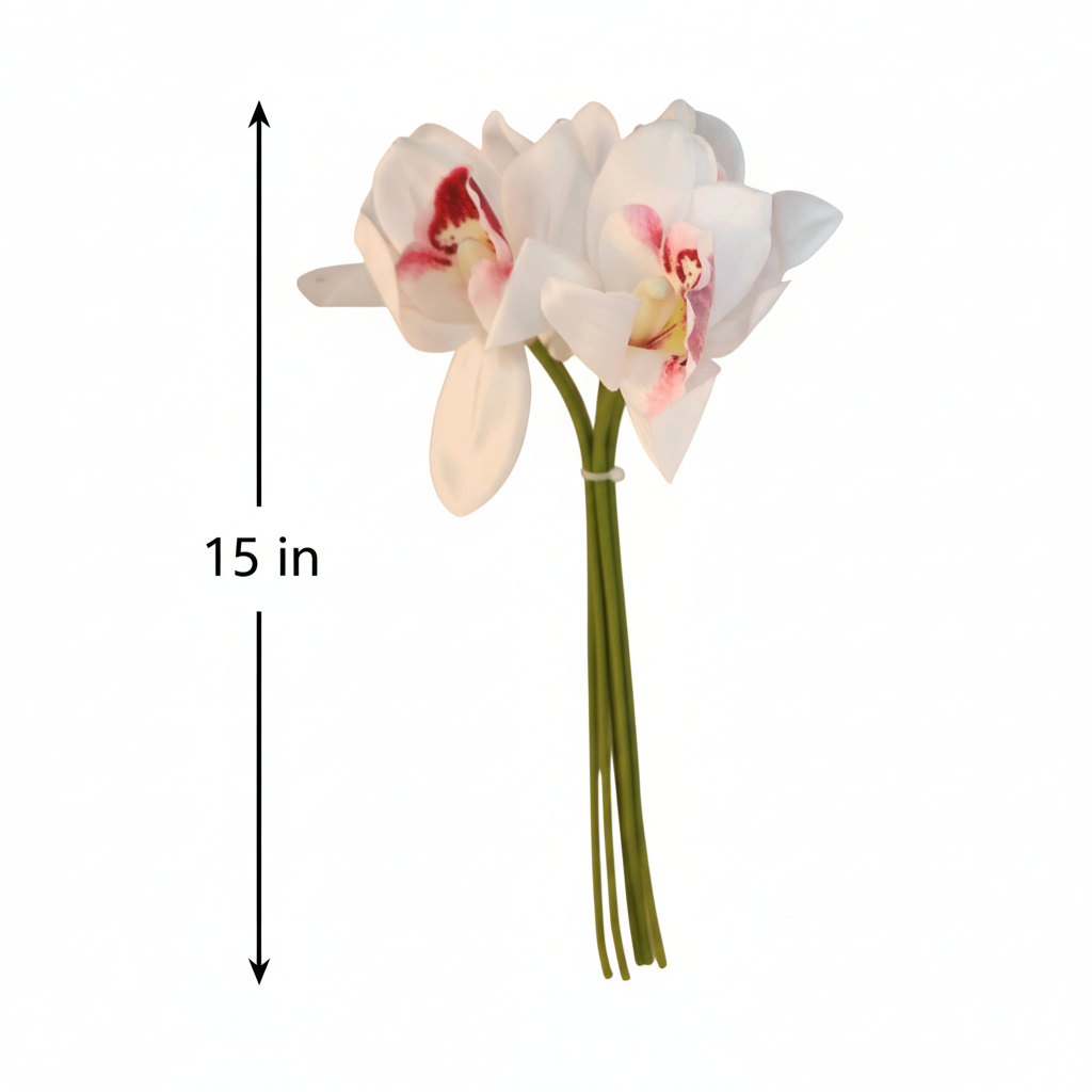 Artificial white Cymbidium orchid bouquet 15 inch height measurement diagram, set of 6 faux orchid stems standing upright on white background