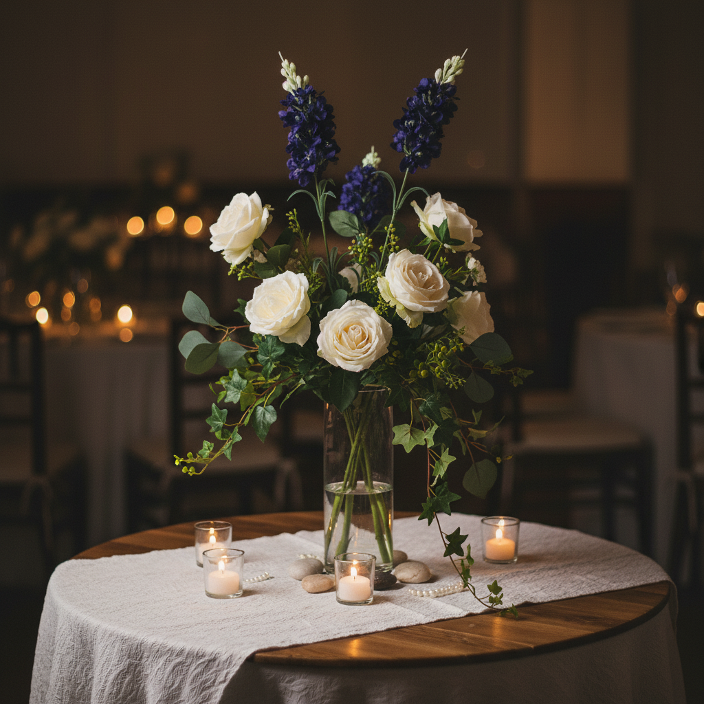 Artificial purple delphinium stems in romantic rustic wedding reception centerpiece with white roses and greenery