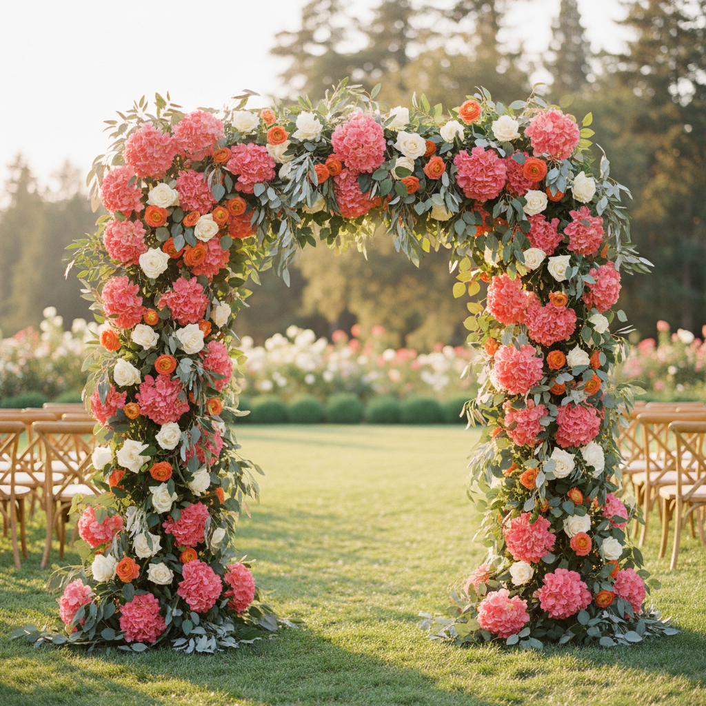 Outdoor wedding arch decorated with coral pink hydrangeas white roses orange ranunculus and eucalyptus golden hour garden ceremony