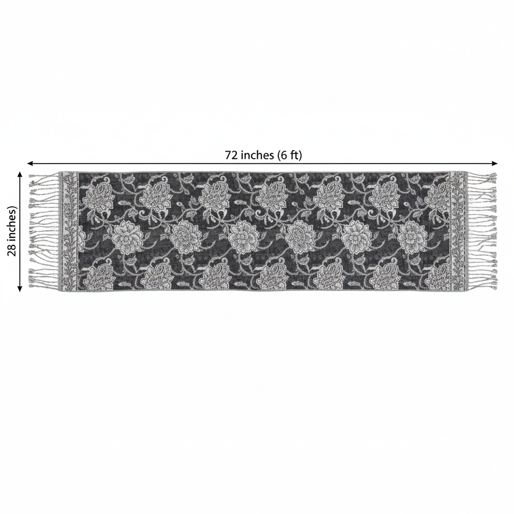 Black white silver paisley jacquard fringe scarf shawl measurement diagram showing 72 inch length and 28 inch width