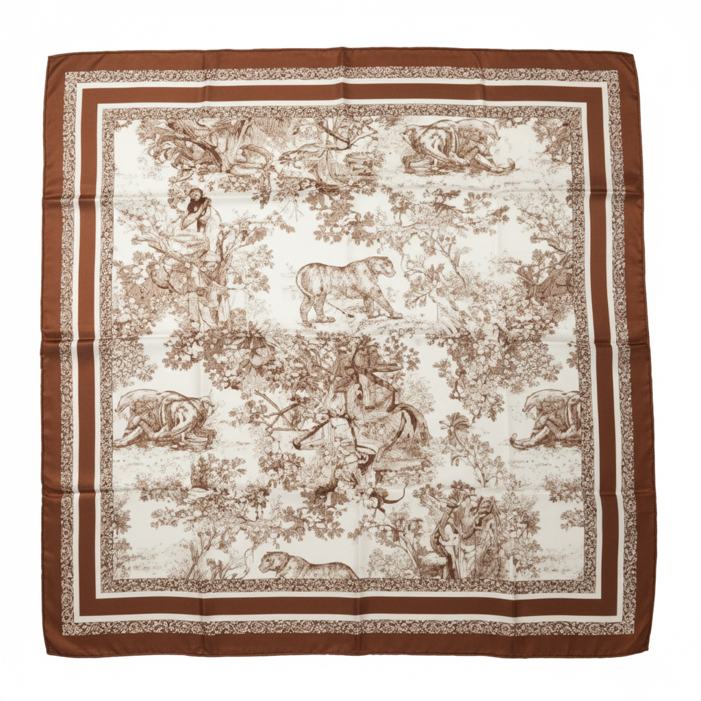 Scarf Brown Beige Jungle Safari Animal Wildlife Print 35 inch Square flat lay white background