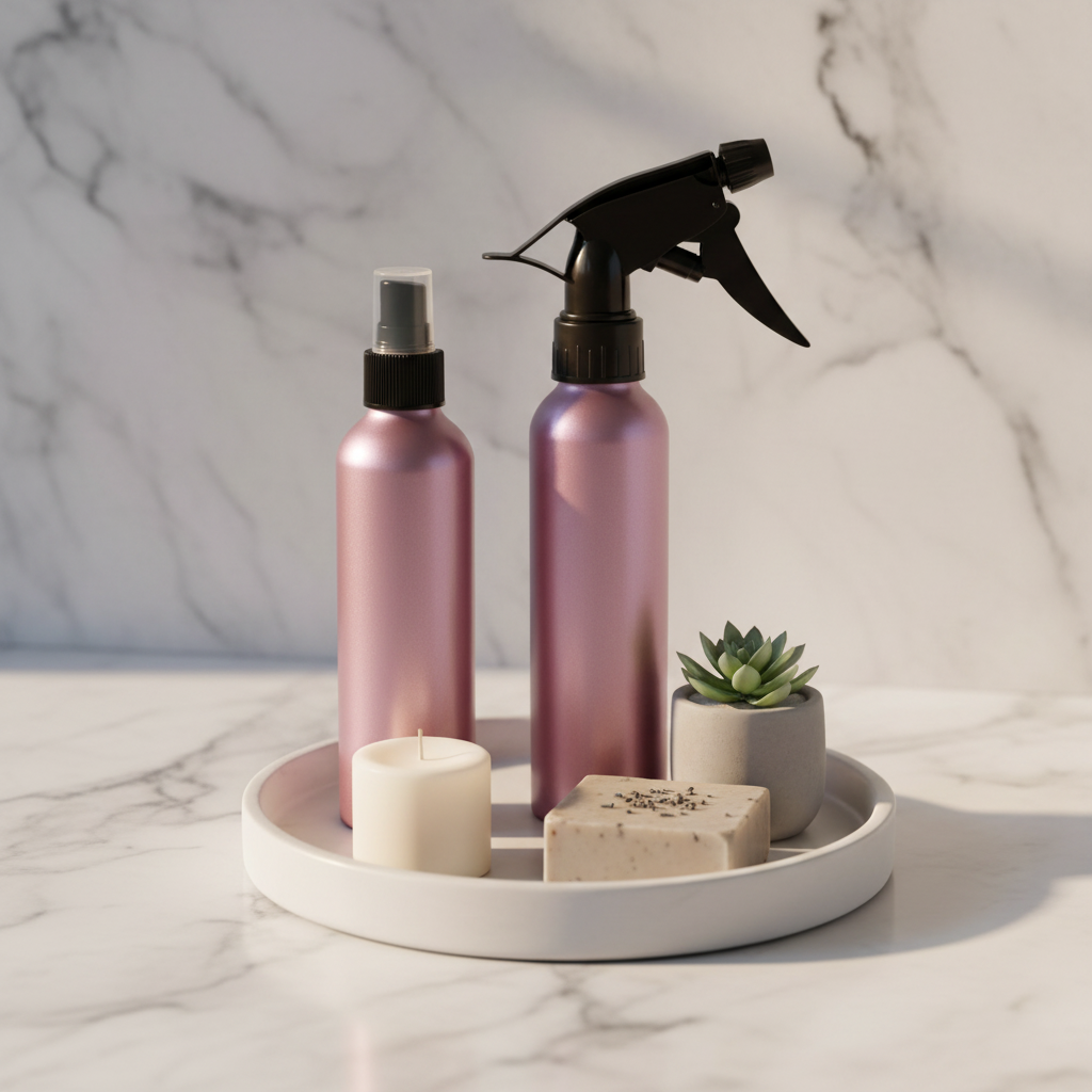 Both rosy mauve metallic pink aluminum bottles styled on white ceramic tray with candle succulent and artisan soap, Pinterest shelfie display