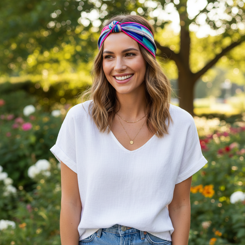 Woman wearing 20x20 inch square pink stripe satin scarf as headband accessory