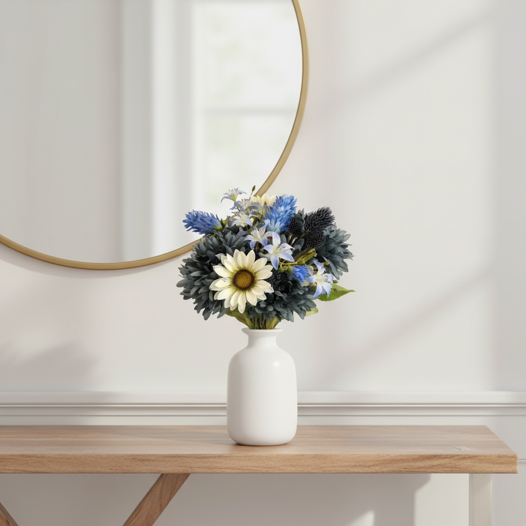 Artificial Blue Mum White Sunflower Bouquet Entryway Console Table Home Decor Faux Flowers
