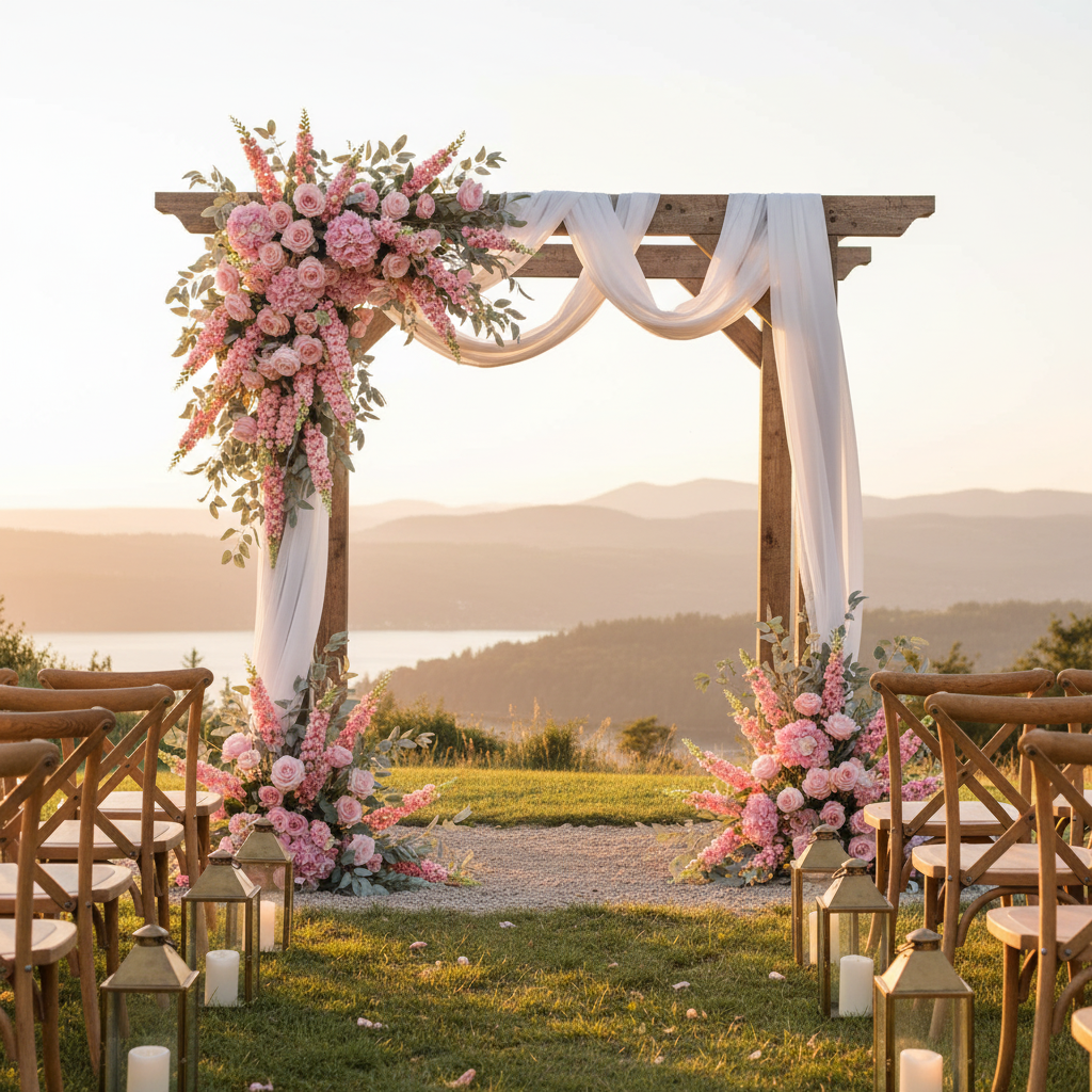 Blush pink snapdragon larkspur stems on an outdoor wooden wedding arch with roses, hydrangeas, and flowing white fabric at golden hour