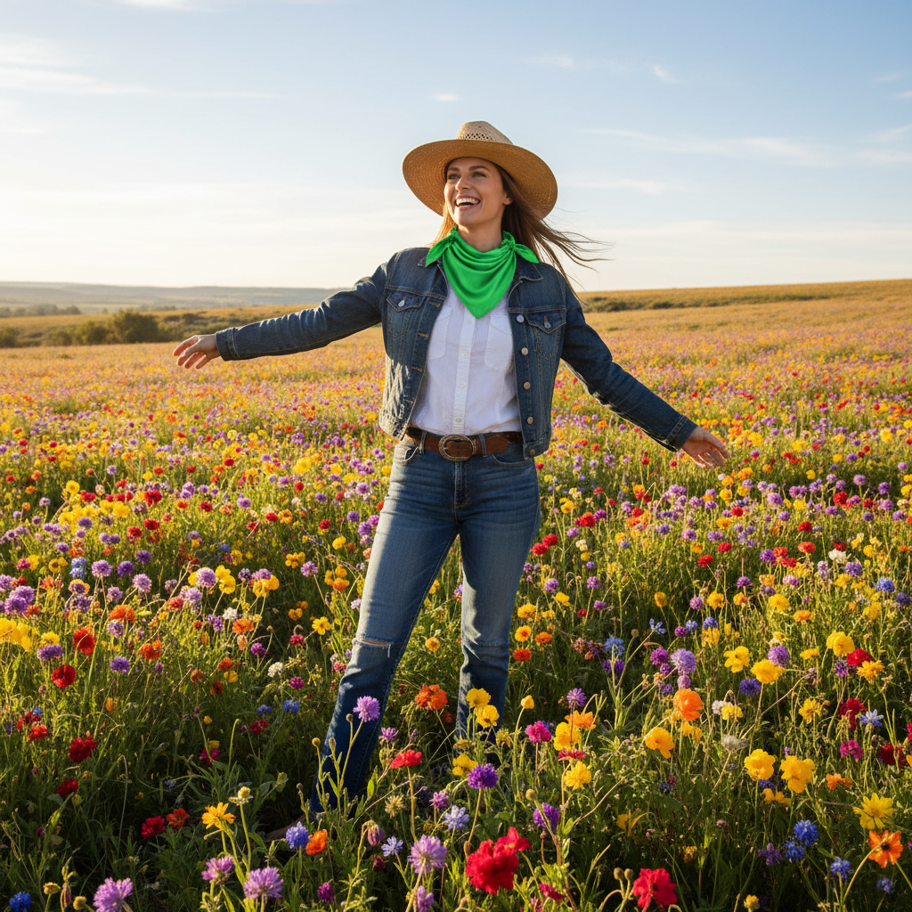 Woman wearing Kelly green wild rag scarf in spring wildflower field with western inspired outfit