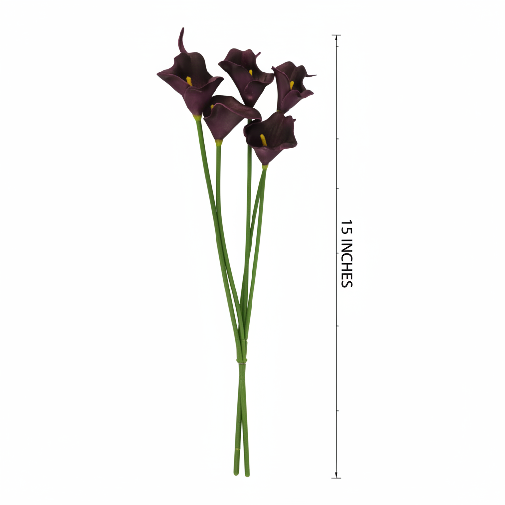 Eggplant purple faux calla lily stems on white background with measurement line showing 15 inches, product dimensions