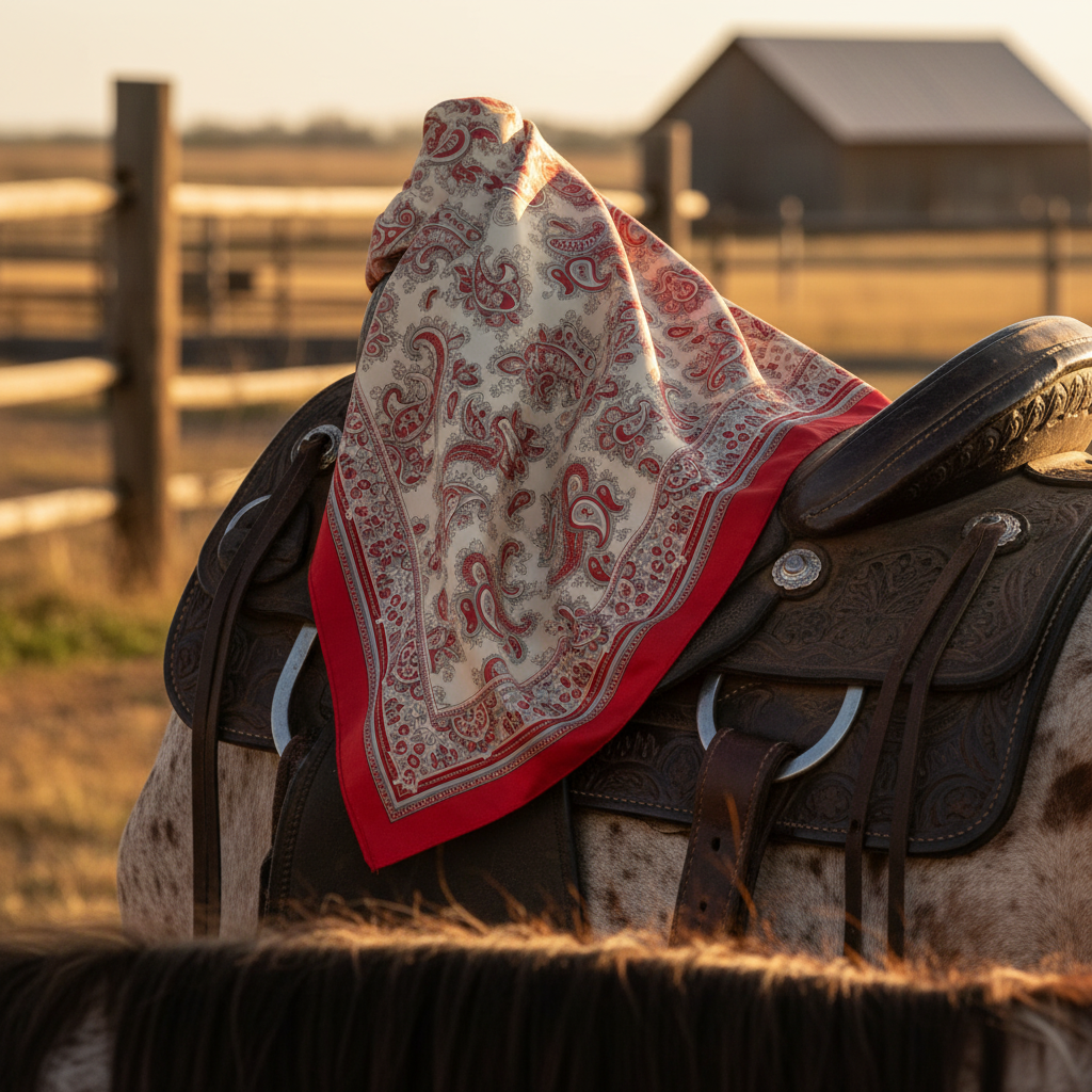 Red paisley satin wild rag scarf draped over western saddle ranch setting lifestyle